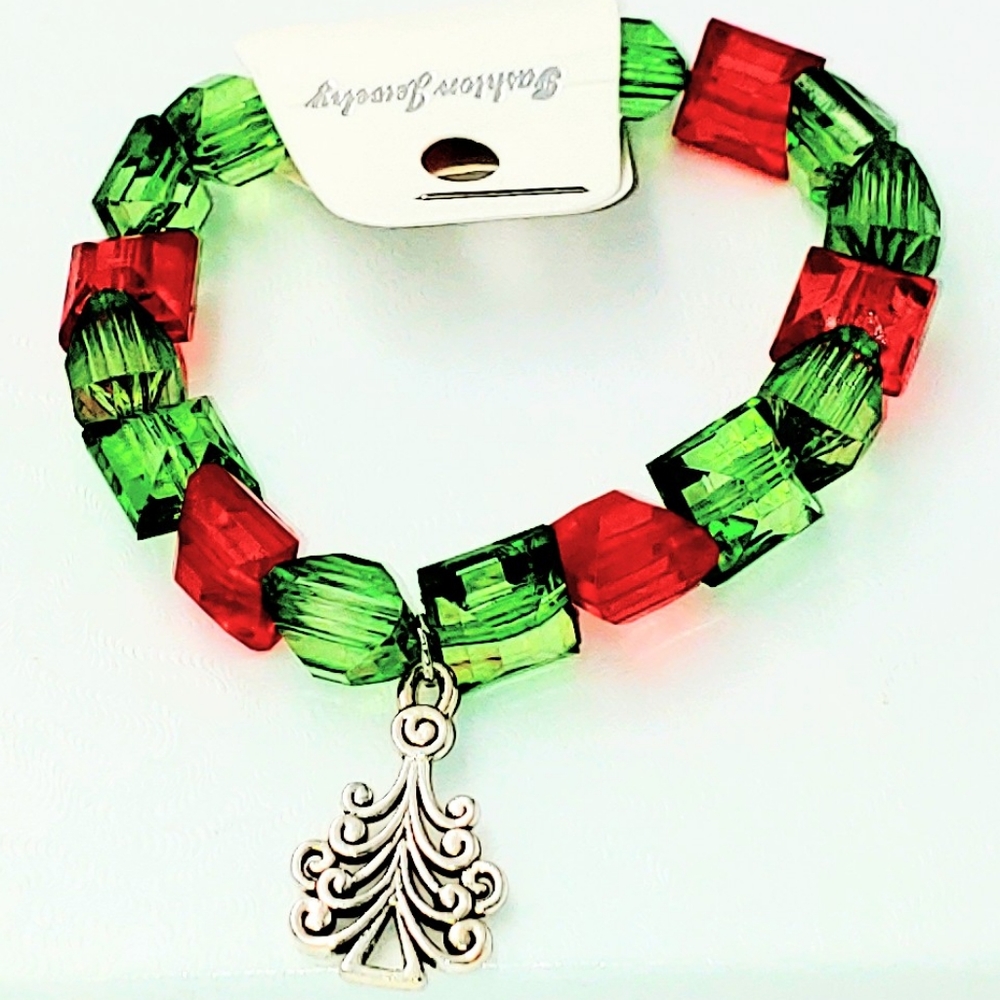 261B81. Red & Green Bracelet  w/ Christmas Tree Charm